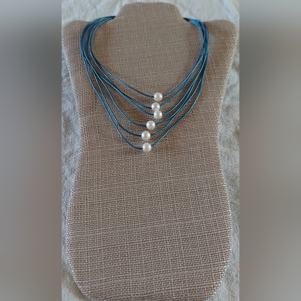 New Handmade 6-String Metallic Blue Leather & White Pearl Necklace